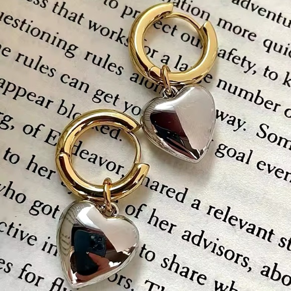 Giulia -Mixed Color Gold And Silver Heart Minimalist Hoop Earrings.Heart Pendant - Picture 9 of 12